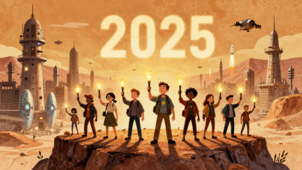 10.000 pionieri su Marte tengono token SPAY come torce, mentre una città si sviluppa sotto un countdown al 2025.