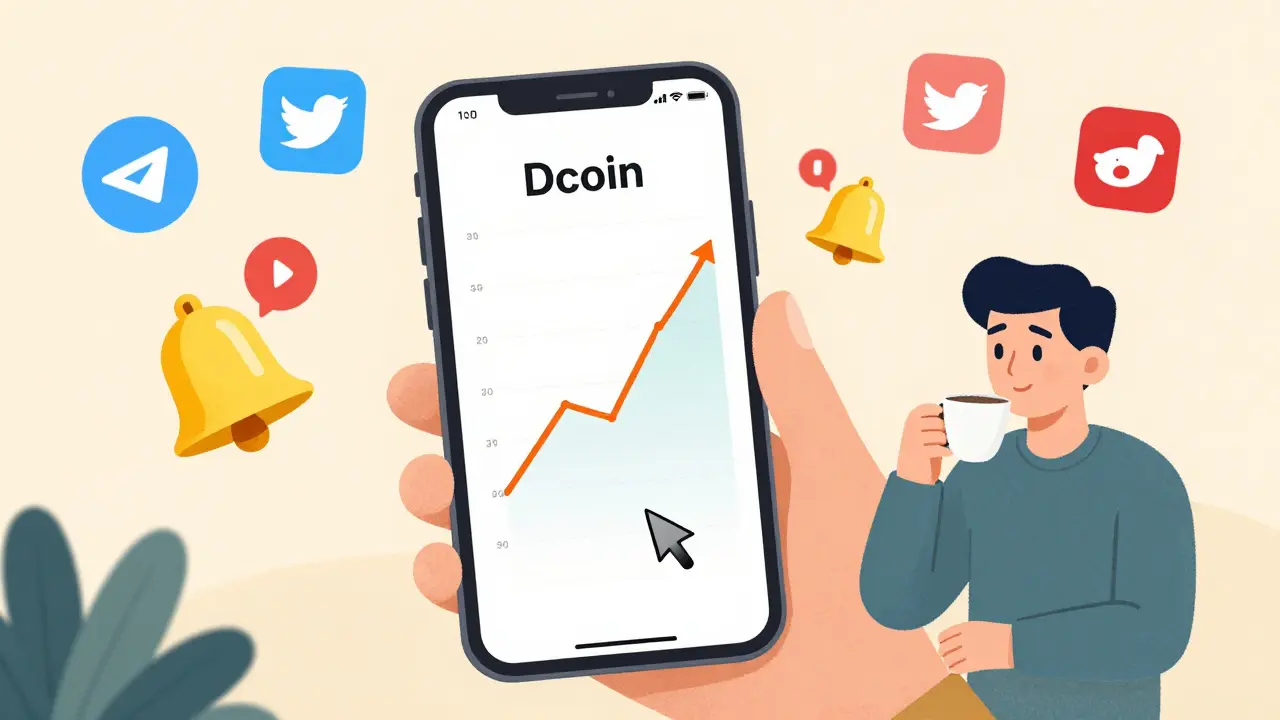 App mobile di Dcoin durante un picco di mercato, con notifiche mancanti e utente tranquillo accanto.