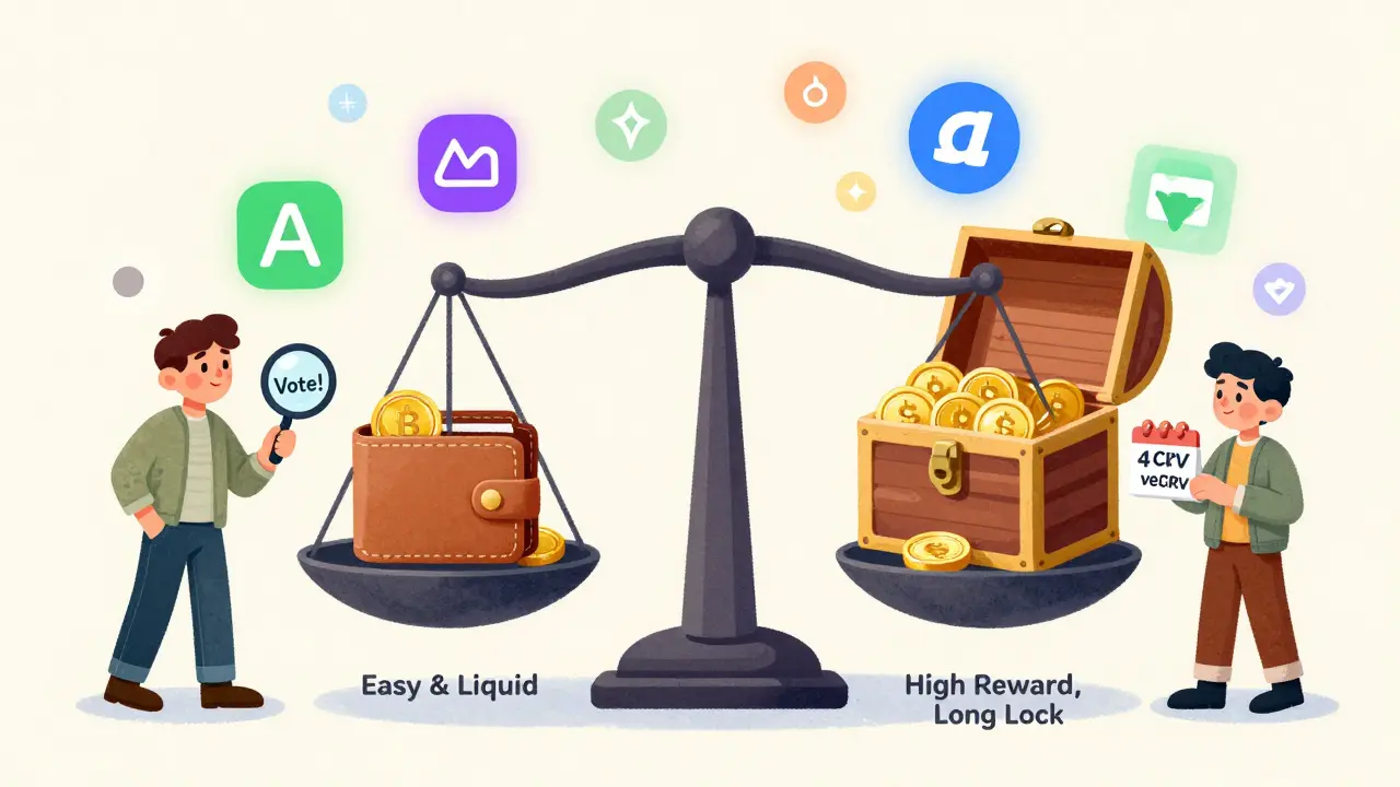 Bilancia che confronta staking facile con ricompense alte e blocco lungo, con personaggi cartoon che discutono.