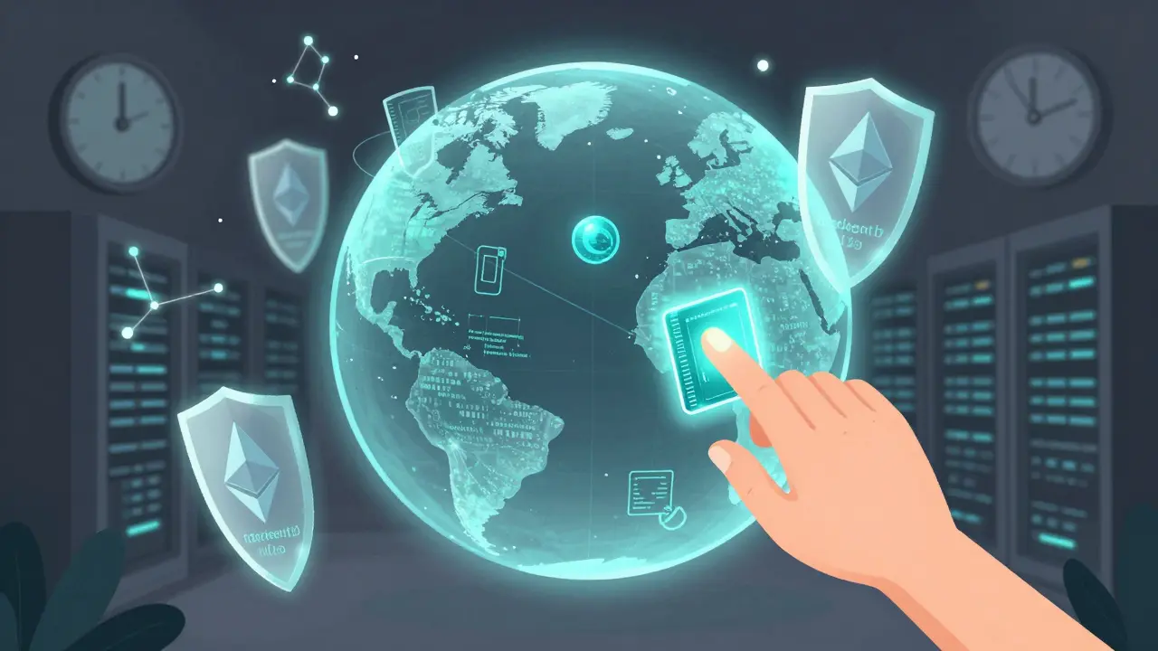 Centro dati futuristico con intelligenza artificiale e protezione quantistica che analizza dati su blockchain, con icone che segnalano il 2025 come anno di svolta.