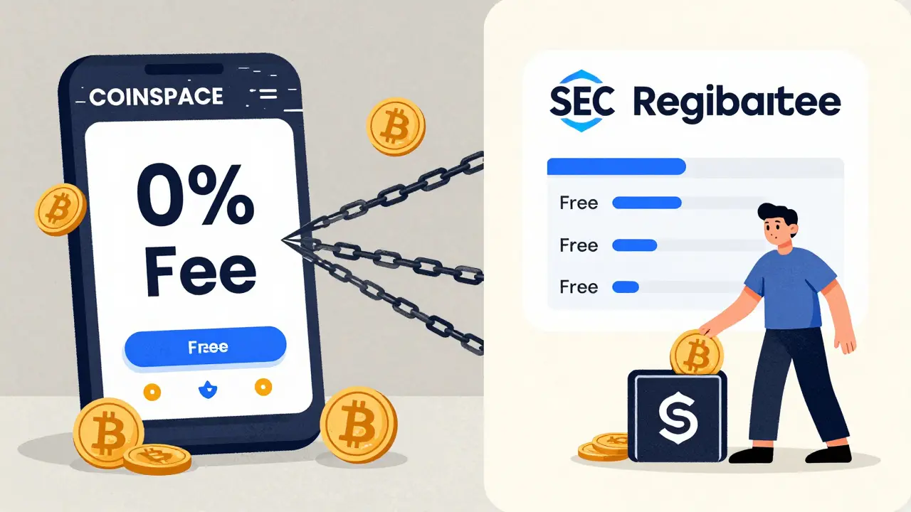 Confronto tra COINSPACE ingannevole e un exchange regolamentato trasparente, con frecce nascoste e scudi di sicurezza.
