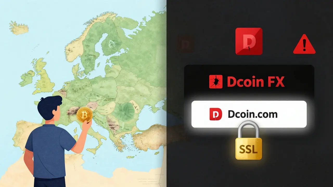 Confronto tra il vero sito Dcoin.com e il sito falso Dcoin FX, con avvisi di sicurezza e mappa geografica.