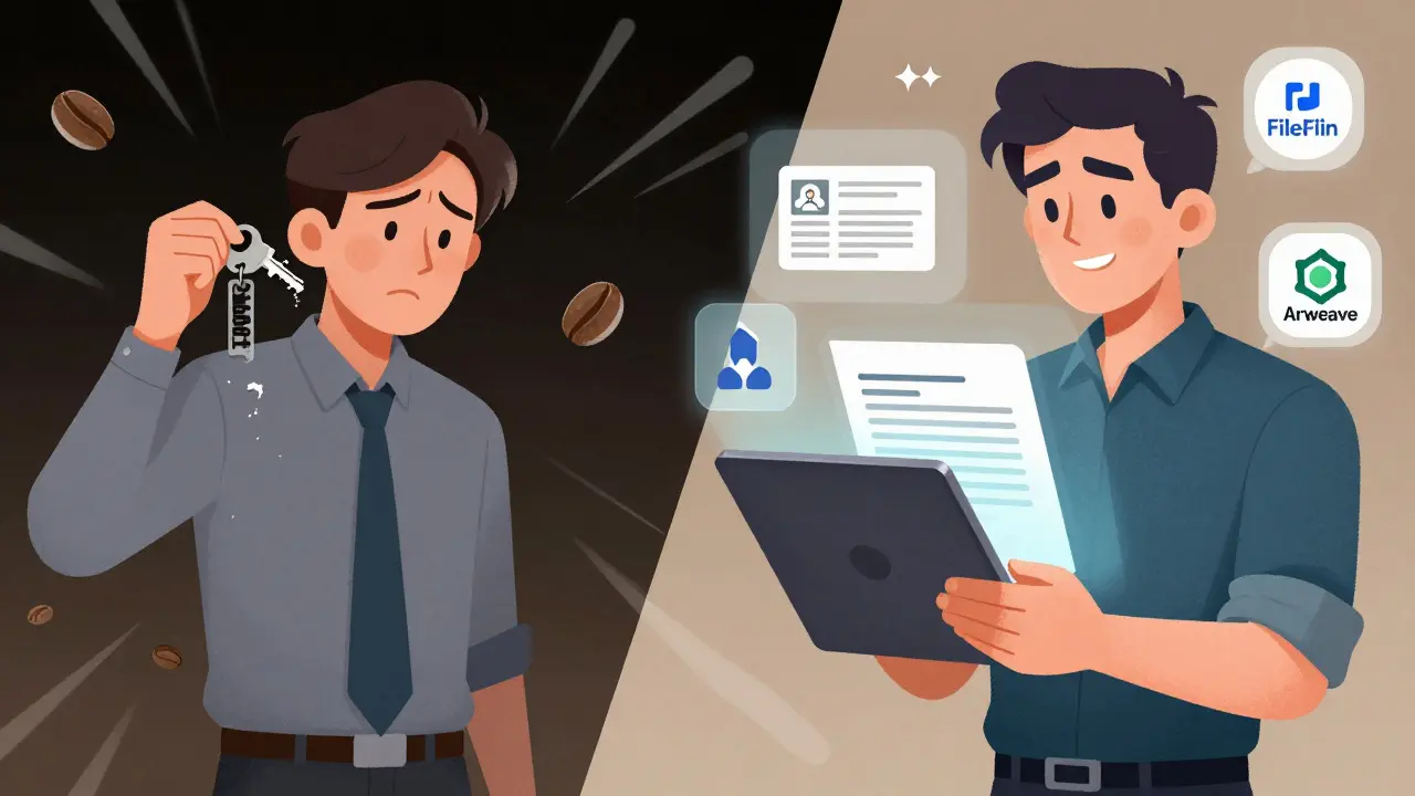 Confronto tra la perdita di una chiave di accesso e uno sviluppatore che archivia in sicurezza documenti su blockchain con Filecoin, Arweave e Crust.