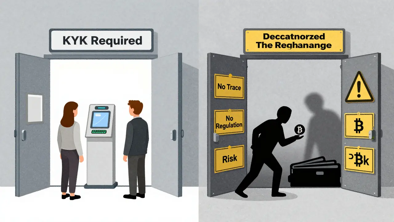 Confronto tra scambio centralizzato con KYC obbligatorio e scambio decentralizzato senza regole, con segnali di rischio.