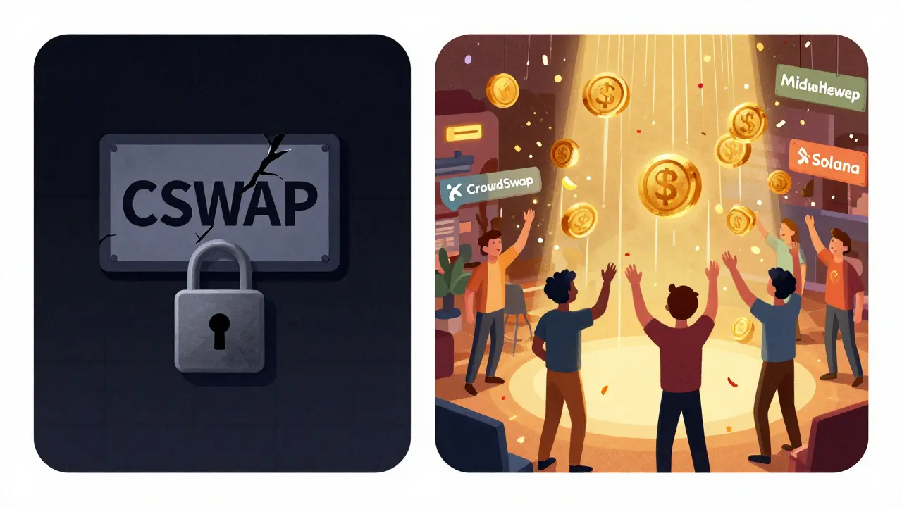 Confronto tra un ambiente vuoto e abbandonato per CSWAP e un hub vivace con airdrop reali che piovono da progetti attivi.