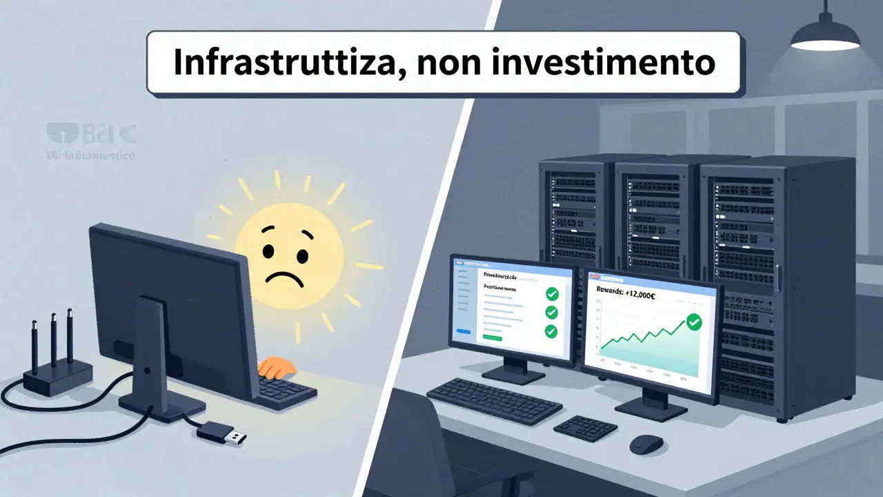 Confronto tra un PC domestico in panico e un server professionale che funziona perfettamente, con dashboard di monitoraggio.