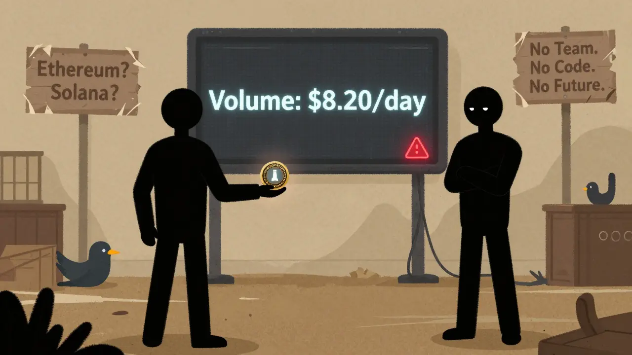 Due persone si fronteggiano su un mercato vuoto, con un display che mostra un volume di scambio quasi nullo e segni contraddittori sulle blockchain.