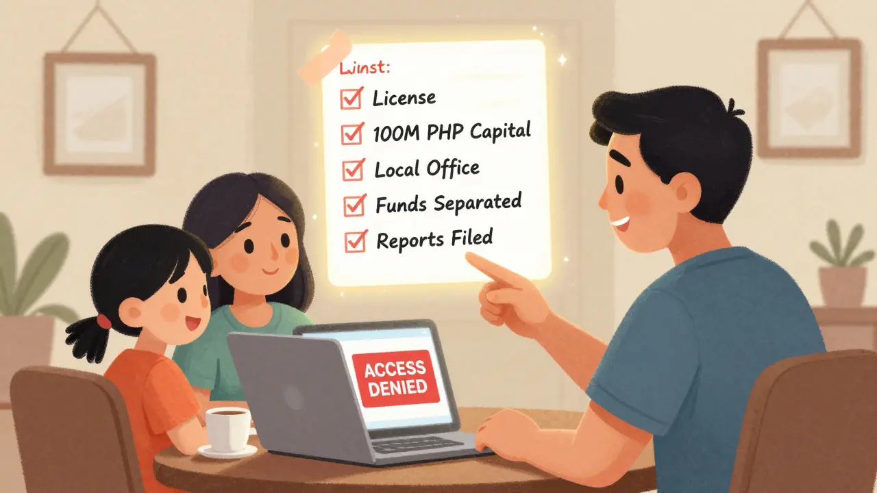 Famiglia filippina che guarda uno schermo bloccato, accanto a un elenco dei requisiti legali per gli scambi.