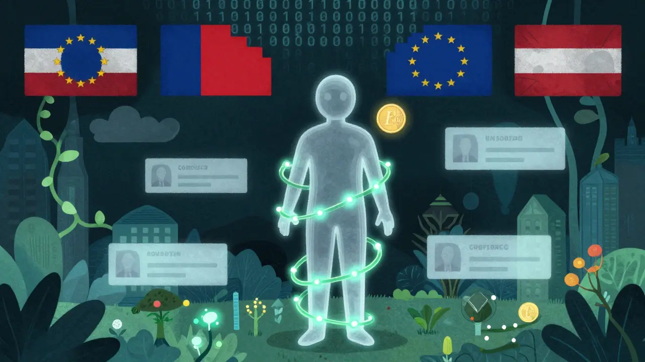 Figura umana con prova a conoscenza zero: stato di identità visibile senza documenti, circondata da moneta digitale europea.