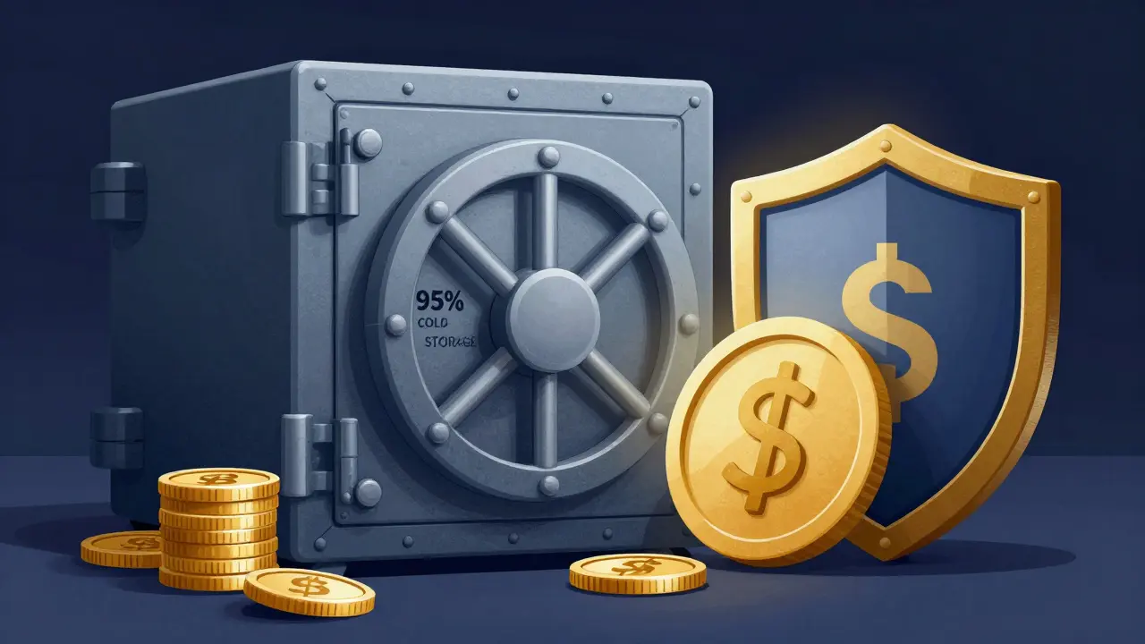 Forziere con criptovalute e scudo di sicurezza