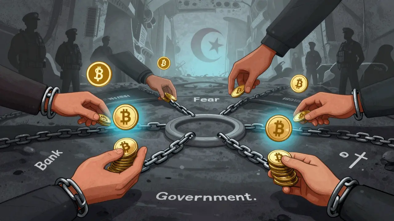 Mani che passano monete digitali attraverso catene di controllo statale, in un network sotterraneo simbolico.