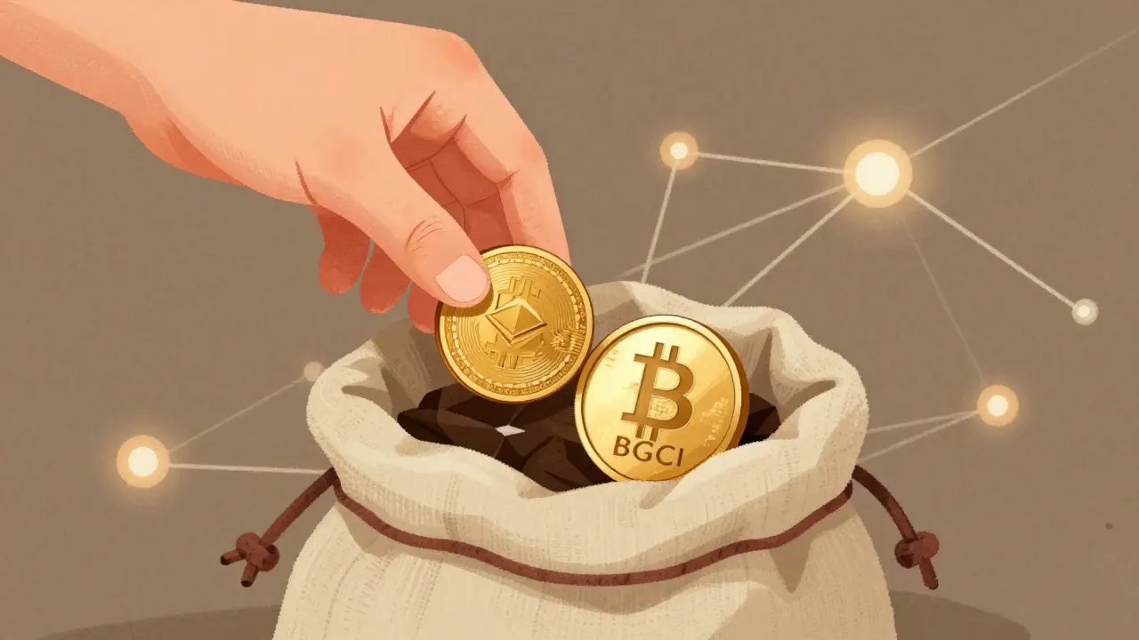 Mano che inserisce criptovalute in un sacchetto trasformato in token BGCI