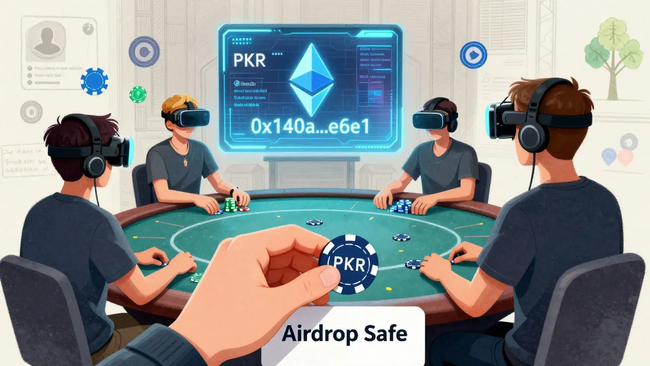 Stanze da poker futuriste con token PKR visualizzati come ologrammi e indirizzo contratto verificato.