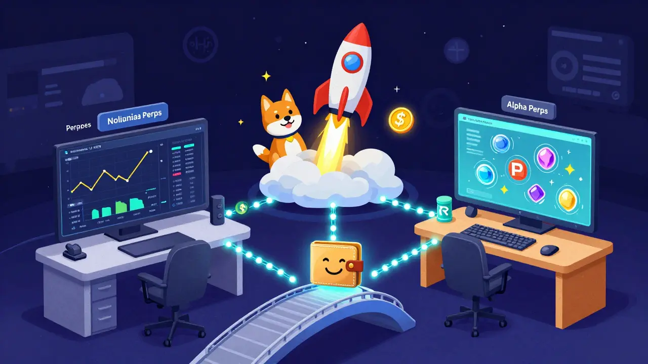 Tre stazioni di trading distinte per Perps senza liquidazione, Meme e Alpha, collegate da token $SUP su un ponte BNB Chain.