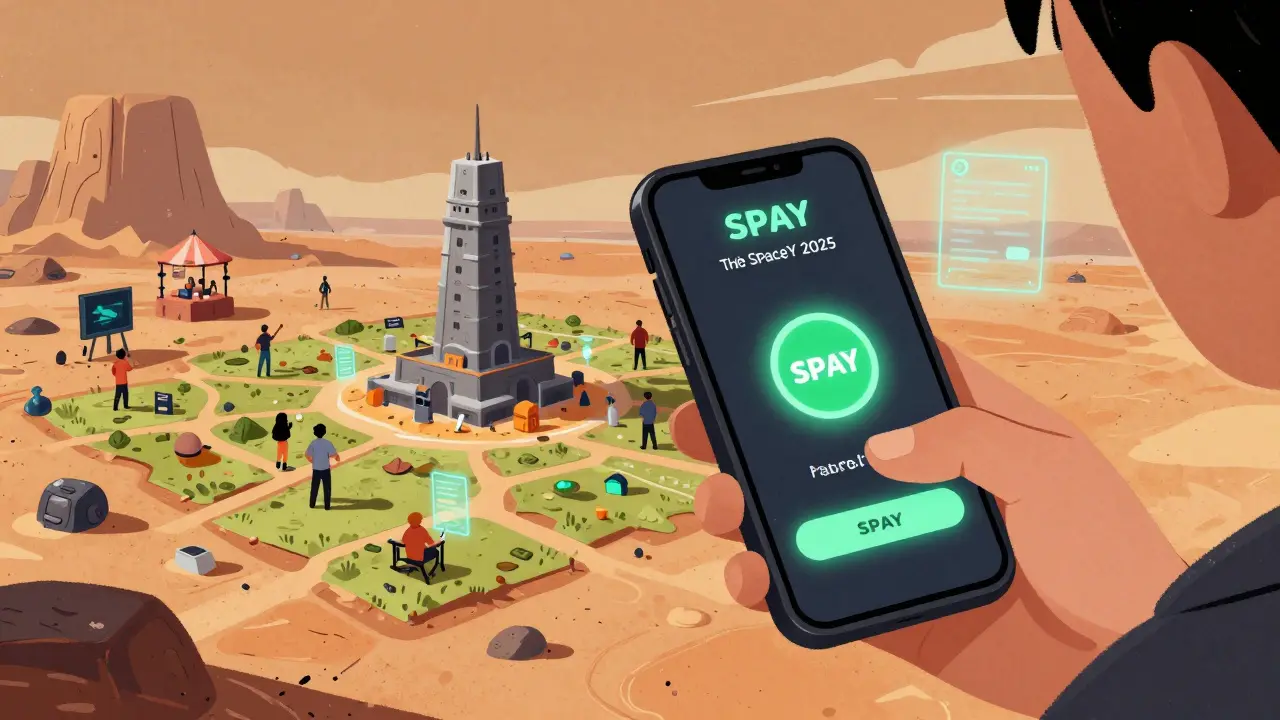 Un giocatore acquista una torre NFT sul suo smartphone, con un mercato virtuale di terreni in sfondo.