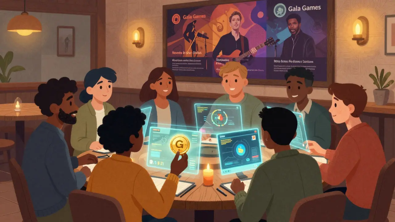 Un gruppo di giocatori che vota su nuovi sviluppi di giochi Gala, con un mural che mostra espansione verso musica e film.