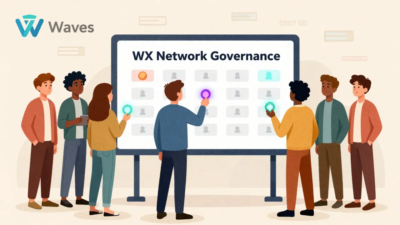 Un gruppo di utenti che vota su una piattaforma di governance decentralizzata, con token che emettono luci colorate.