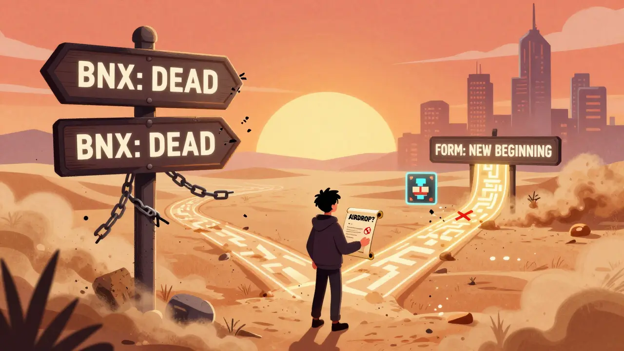 Un segnale stradale digitale che divide il passato morto BNX dal futuro FORM, con una figura confusa che guarda un foglio 'AIRDROP?'.