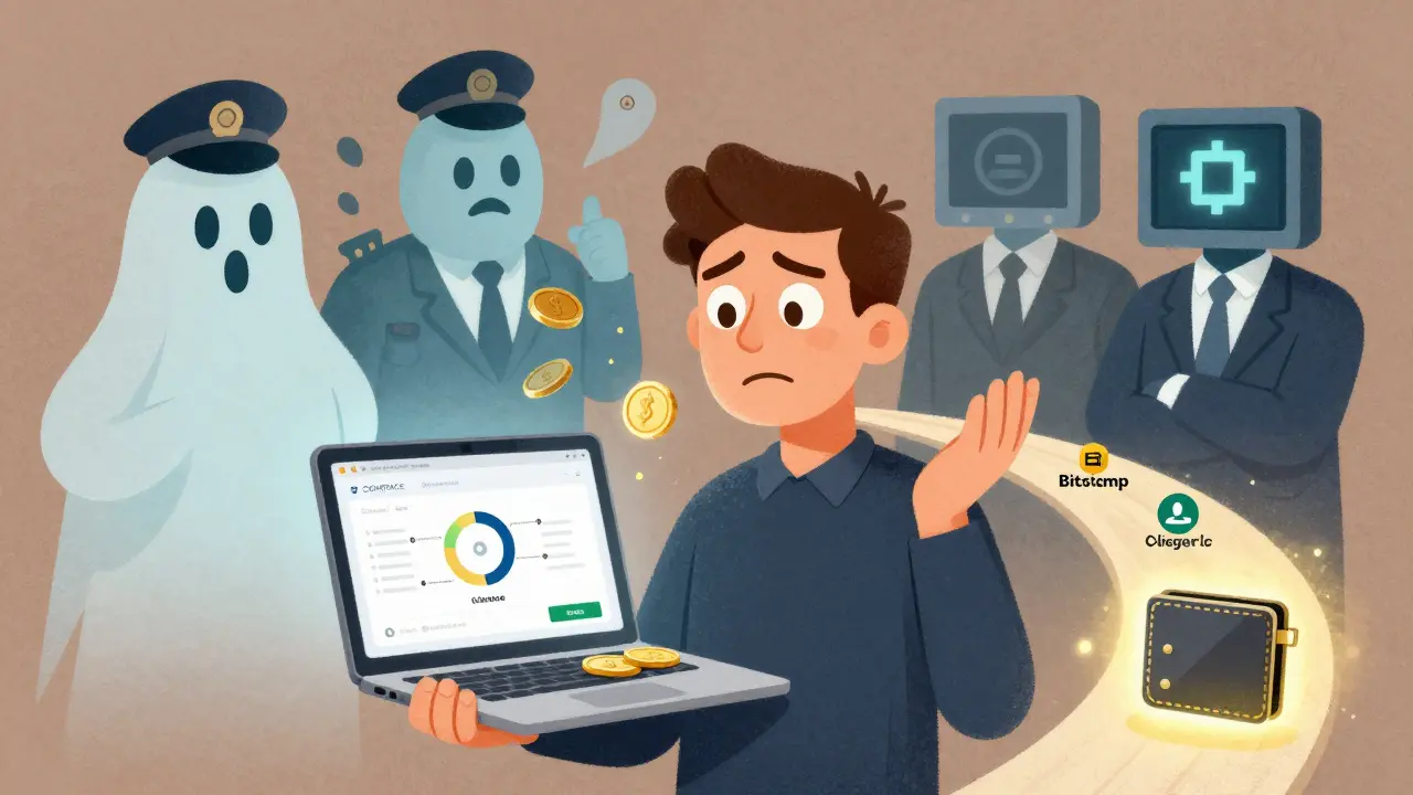 Un utente italiano confuso mentre i suoi Bitcoin svaniscono, con vie verso exchange sicuri e un wallet hardware che brilla.