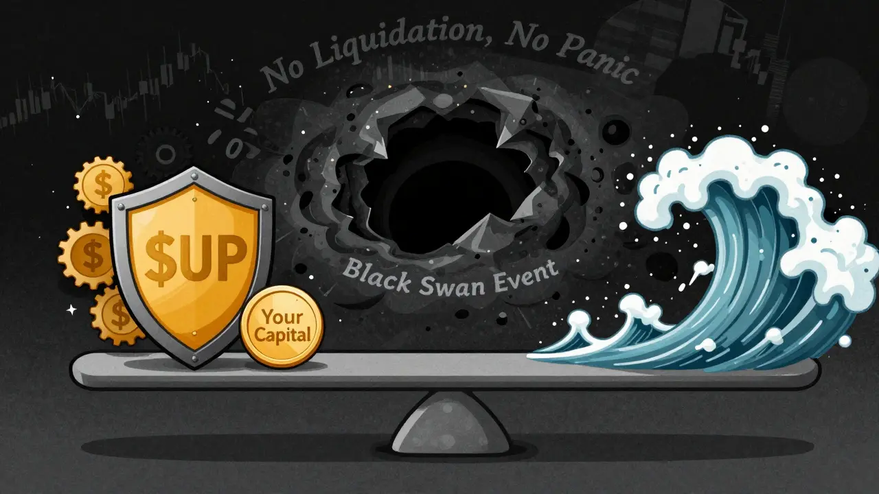 Una bilancia che equilibra il capitale dell'utente contro un buco nero del mercato, protetto da scudi $SUP e ingranaggi di gestione del rischio.