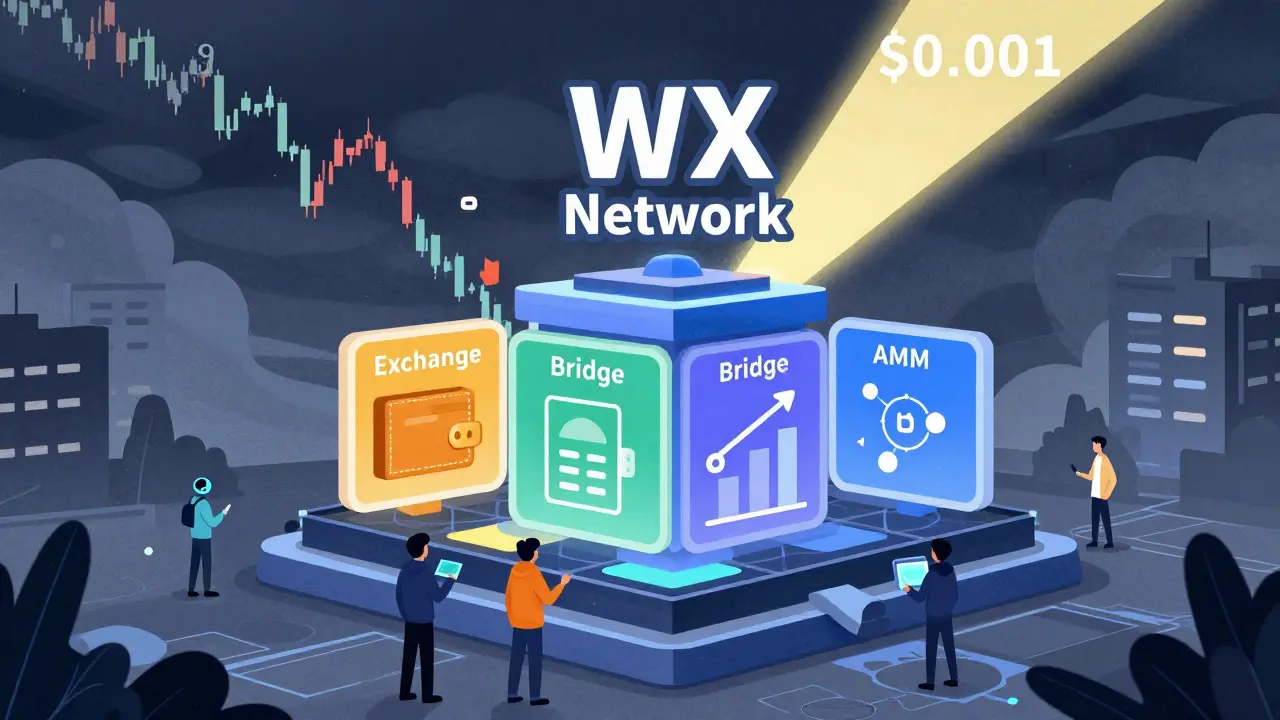 Una piattaforma WX Network che si erge su una blockchain, con figure che interagiscono e un grafico dei prezzi in caduta libera.