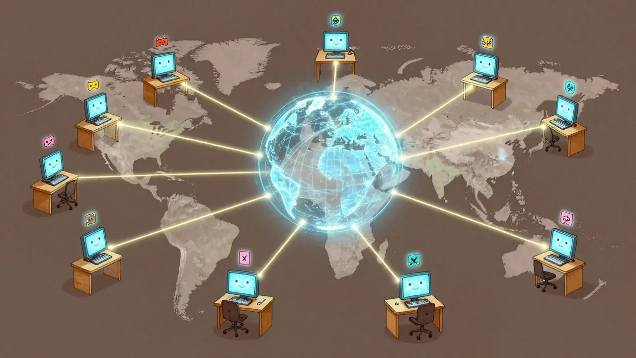 Una rete globale di nodi Gala collegati da fili luminosi, rappresentati come computer con facce sorridenti su diverse scrivanie.