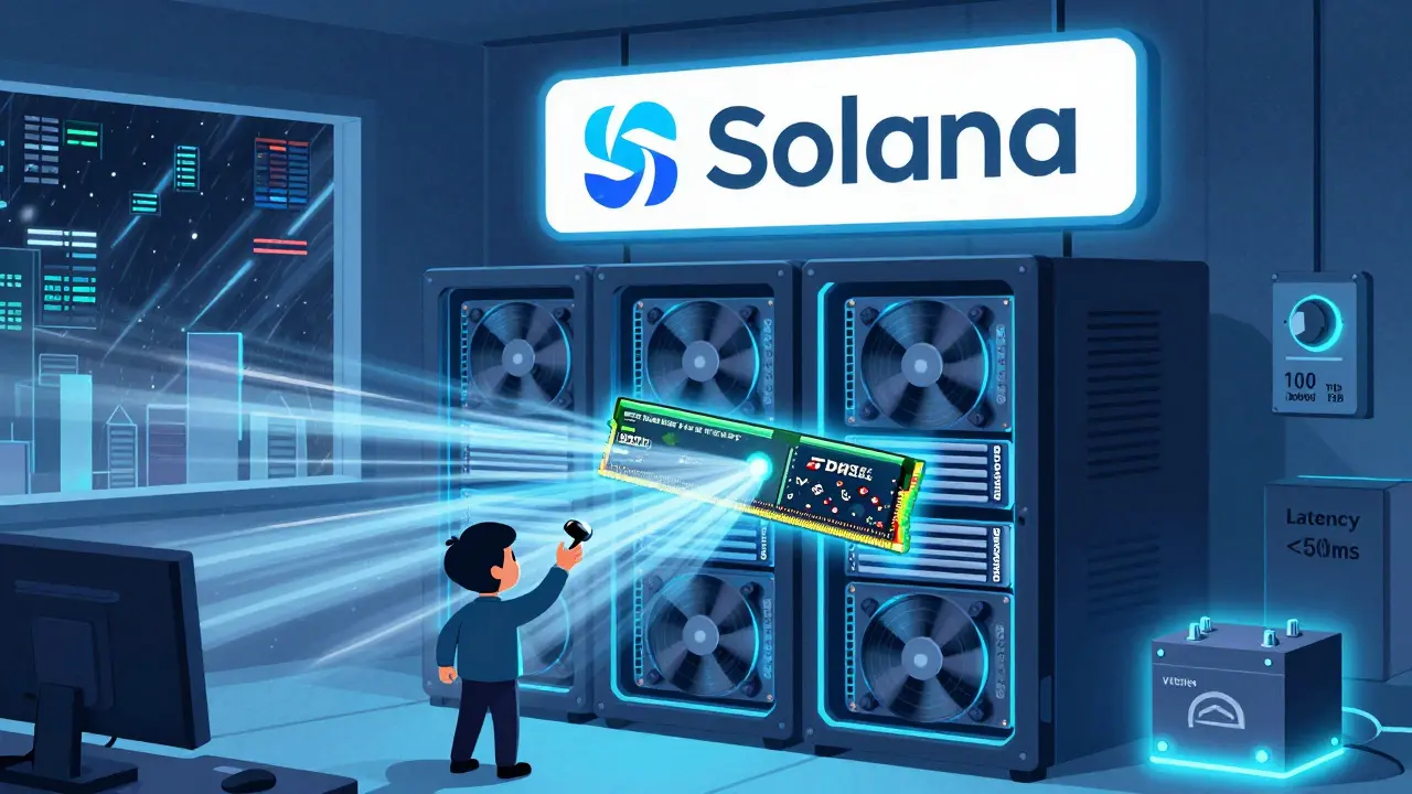 Uno scaffale di server ad alte prestazioni con RAM ECC, SSD e ventole, sotto un cielo di dati in movimento.