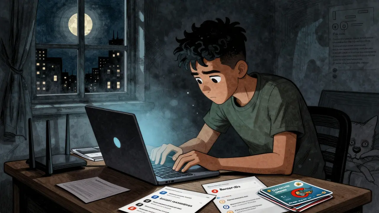 Uno studente usa una VPN su un laptop per accedere a un exchange di criptovalute in camera da letto al buio.