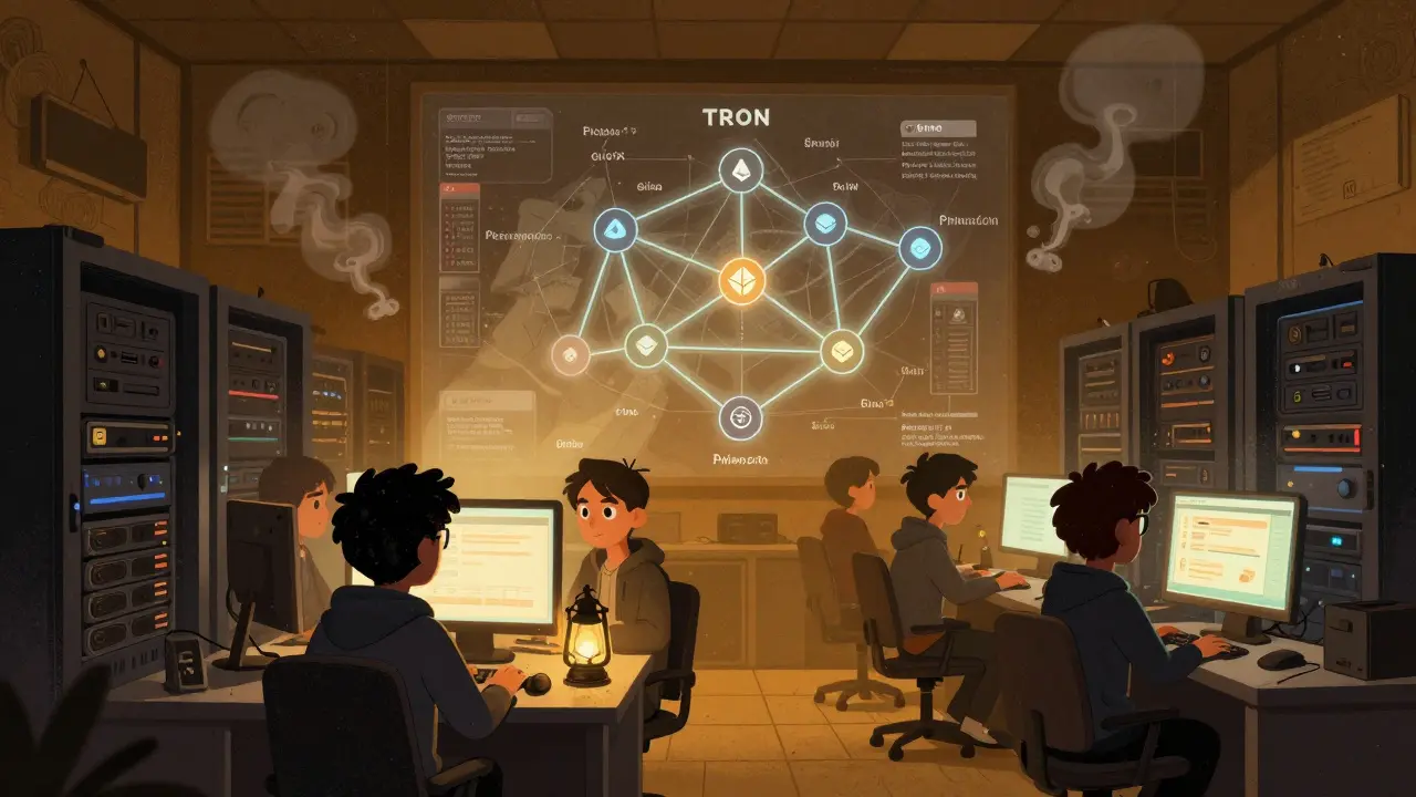 Uno sviluppatore tiene un token RING come lanterna in una stanza server, illuminando connessioni attive tra blockchain diverse.