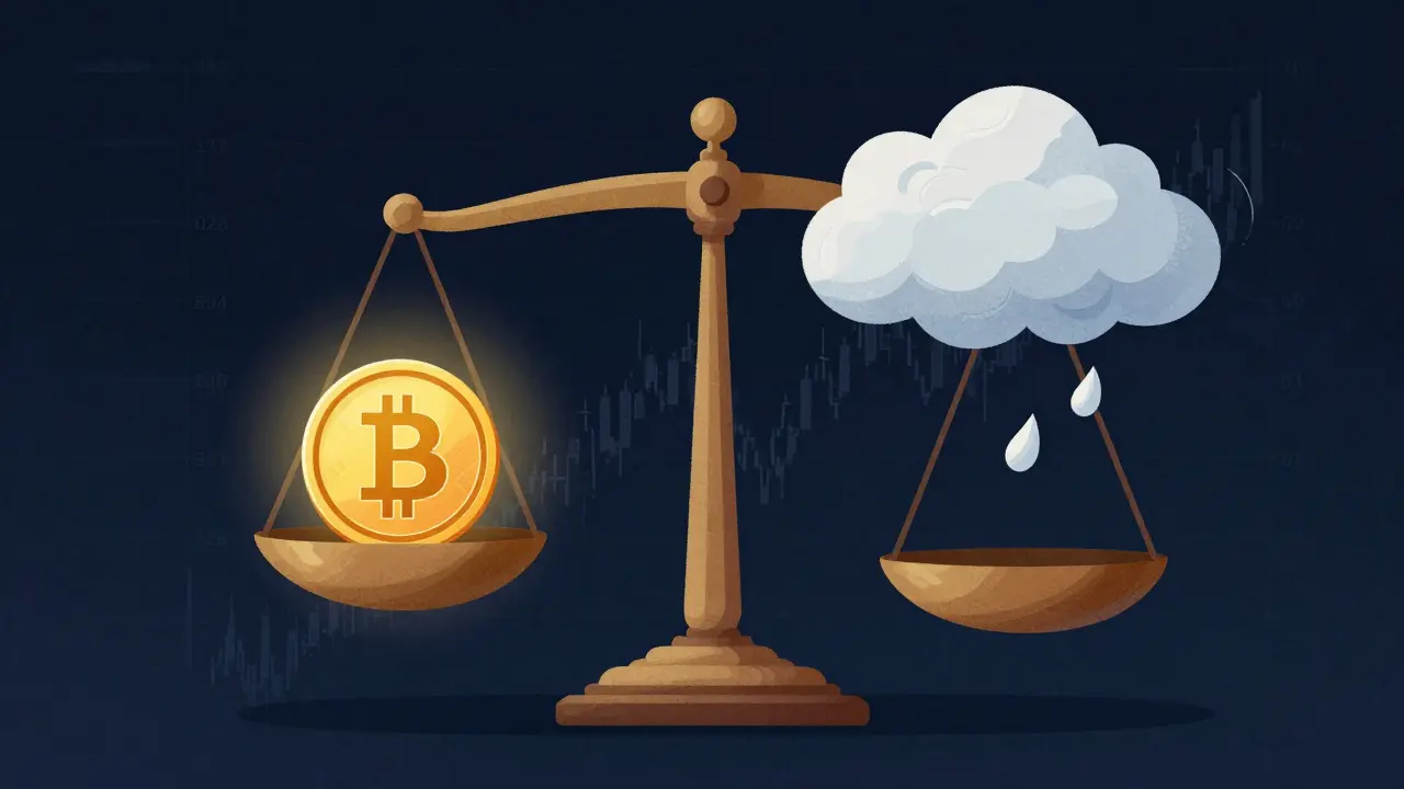 Bilancia con criptovaluta e nuvola astratta su sfondo di mercato incerto.