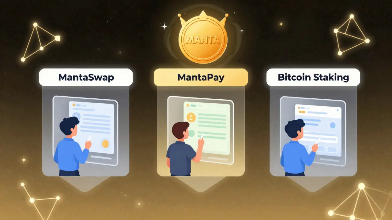 Centro DeFi privato con tre funzioni principali e il token MANTA al centro, in un ambiente spaziale.