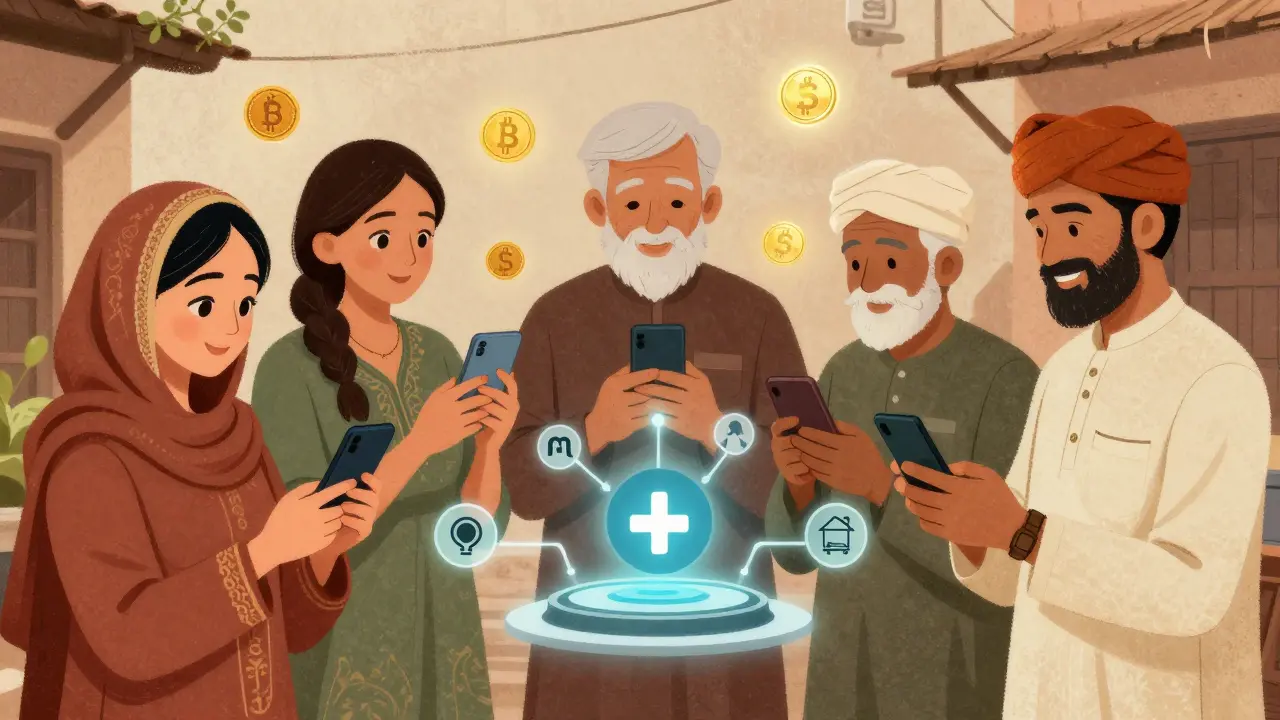 Cittadini pakistani che usano smartphone per inviare pagamenti crypto sicuri, con percorsi digitali che collegano i loro dispositivi a un exchange autorizzato PVARA.