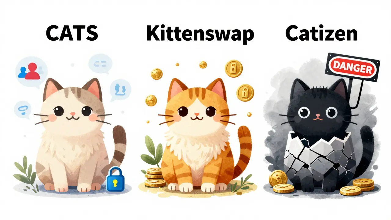 Confronto tra progetti crypto a tema gatto sicuri e KTN pericoloso, illustrato con stile testurizzato.