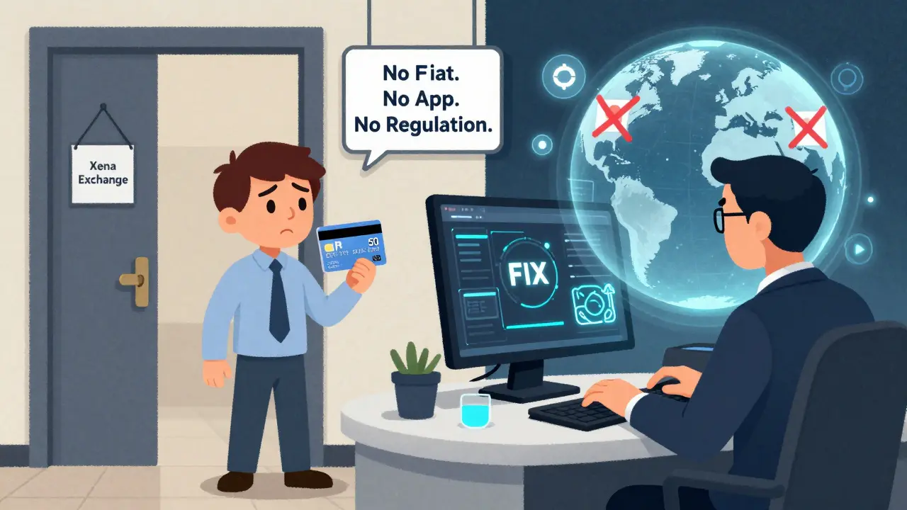 Confronto tra un principiante con carta di credito e un trader professionista davanti a un terminal Xena con paesi bloccati.