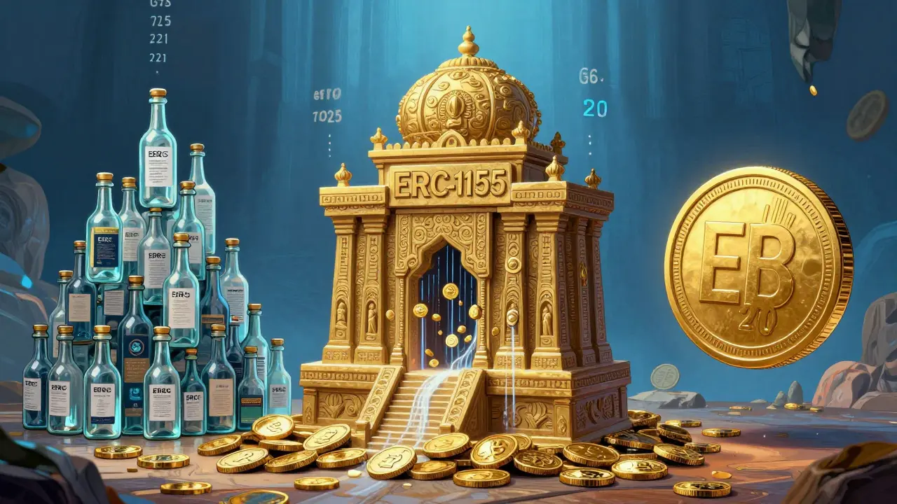 Confronto visivo tra ERC-721, ERC-20 e ERC-1155: mille contratti vs uno solo per gestire oggetti digitali.