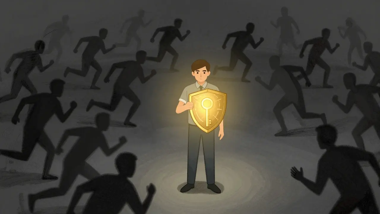 Figura sicura con chiave luminosa in mezzo alla folla grigia e confusa durante il crollo.