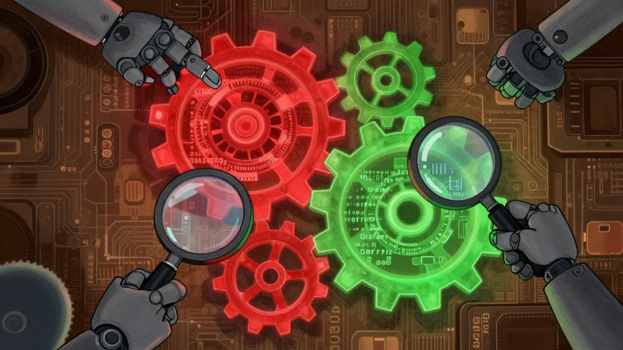 Ingranaggi che rappresentano contratti intelligenti, alcuni rossi per rischi, altri verdi sicuri.