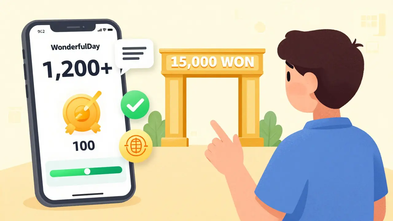 Interfaccia dell'app WonderfulDay che mostra il punteggio che sale fino a 1.200, con icone animate per tutorial, inviti e log-in giornalieri.