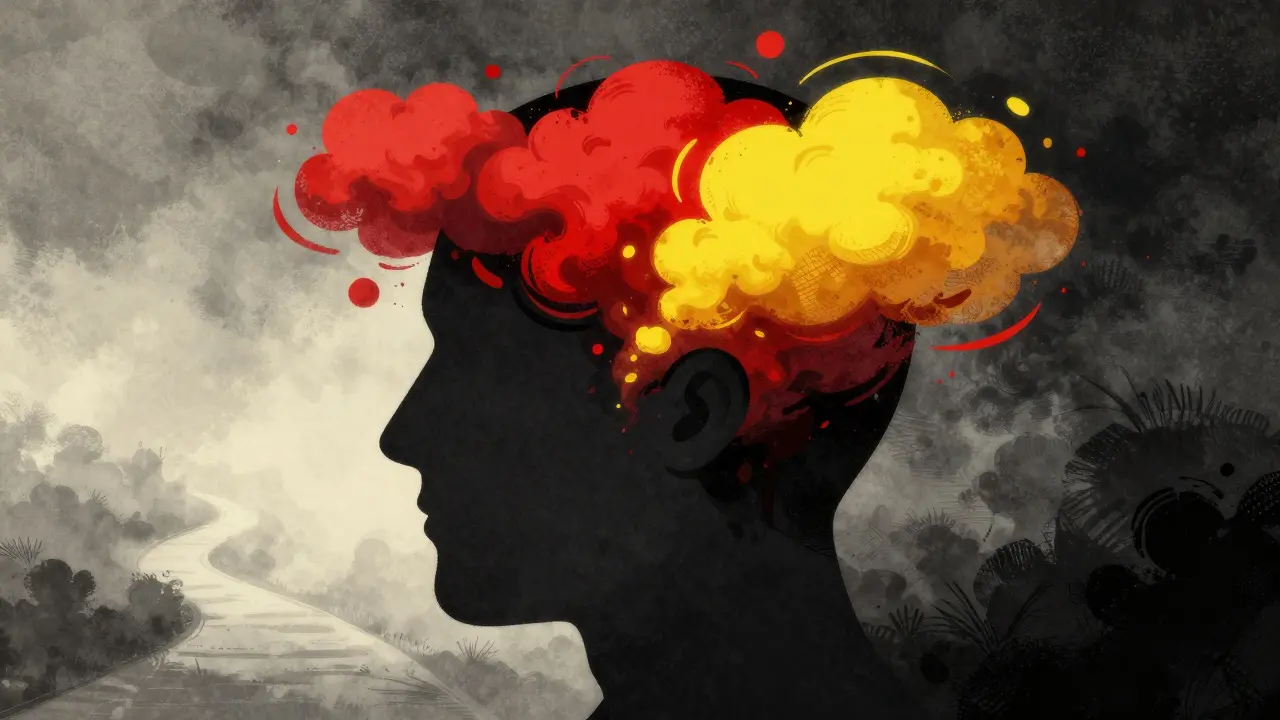 Profilo umano stilizzato con colori interni rappresentanti paura e avidità dell'investitore.