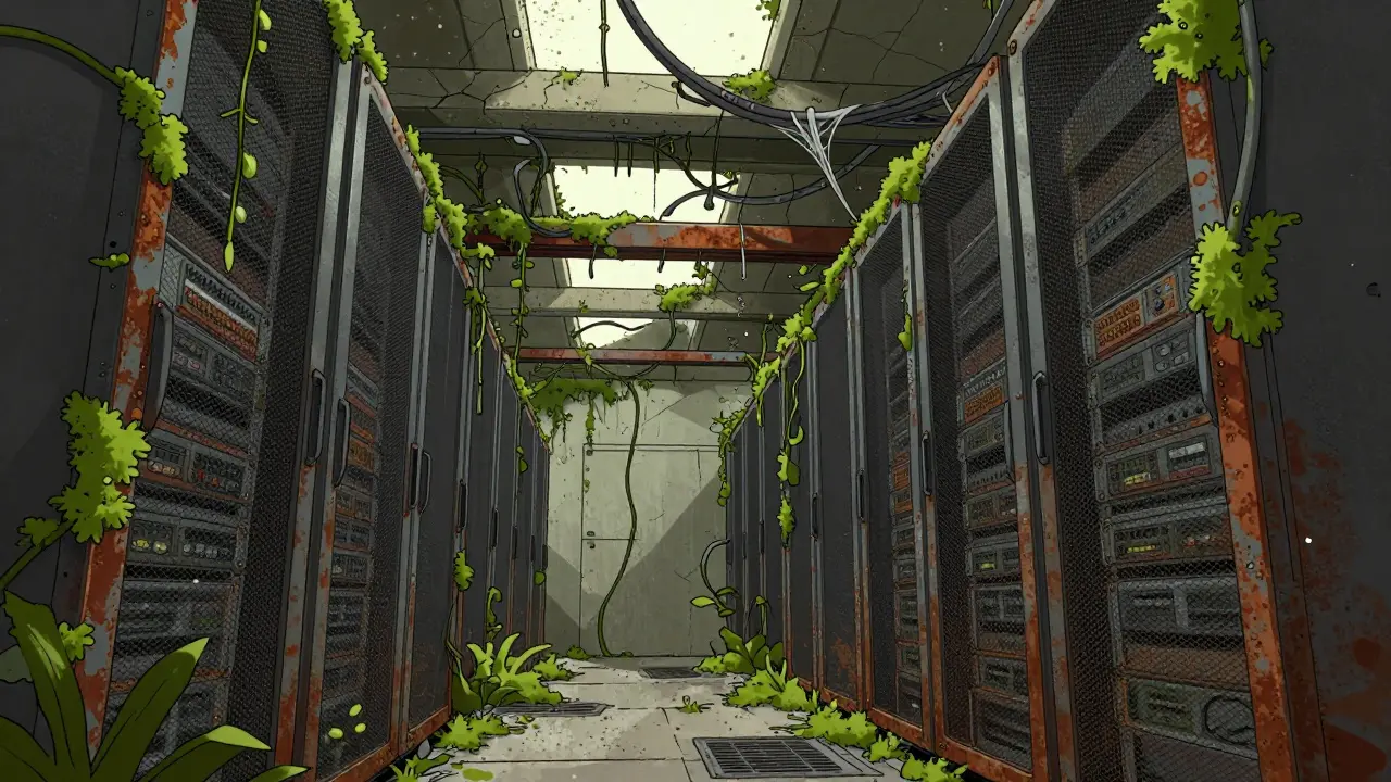Sala server abbandonata invasa da vegetazione e cavi arrugginiti