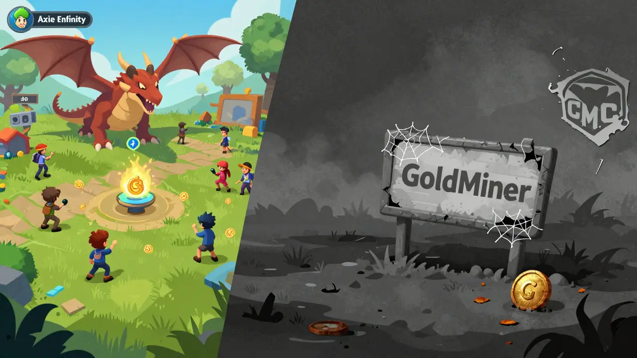 Scena divisa: un mondo vivace di gioco blockchain a sinistra e un deserto vuoto con un cartello 'GoldMiner' rotto a destra, simbolo di un progetto morto.