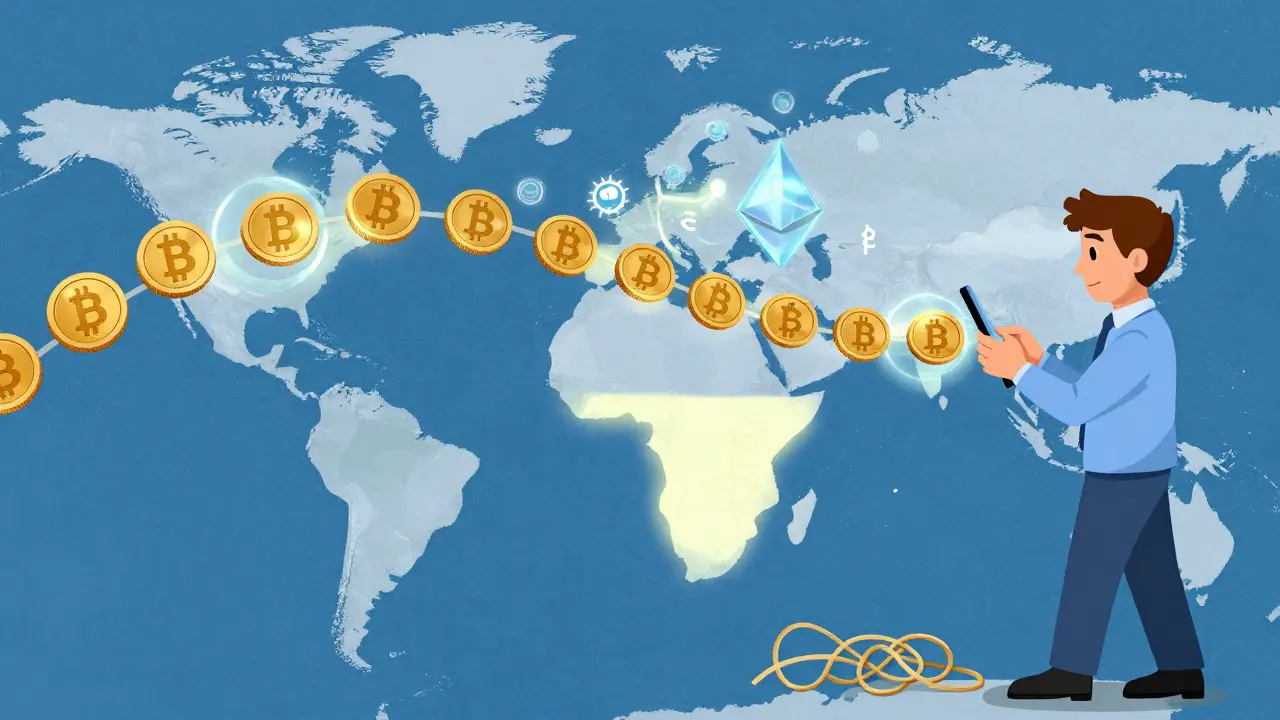 Trasferimenti di criptovalute da un argentino all'estero, bypassando le banche tradizionali con DAI sulla blockchain Ethereum.