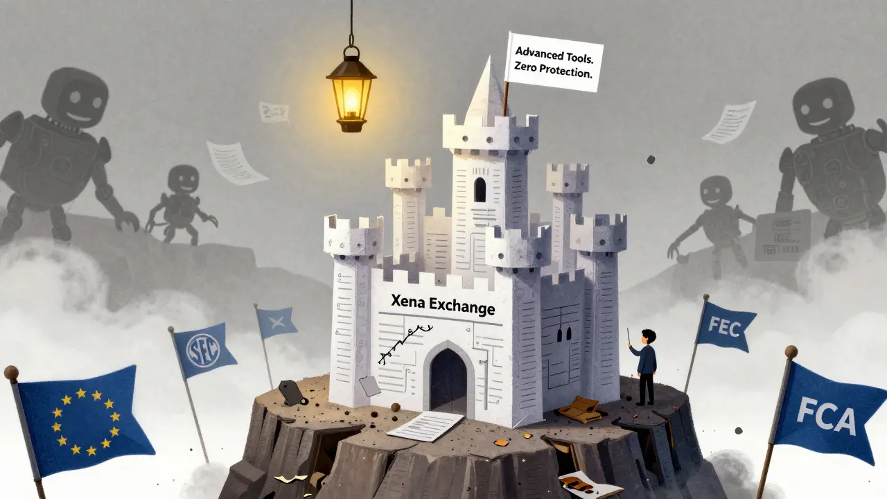 Un castello di carta del trading Xena che crolla su bandiere normative, con una lanterna che segnala una licenza futura.