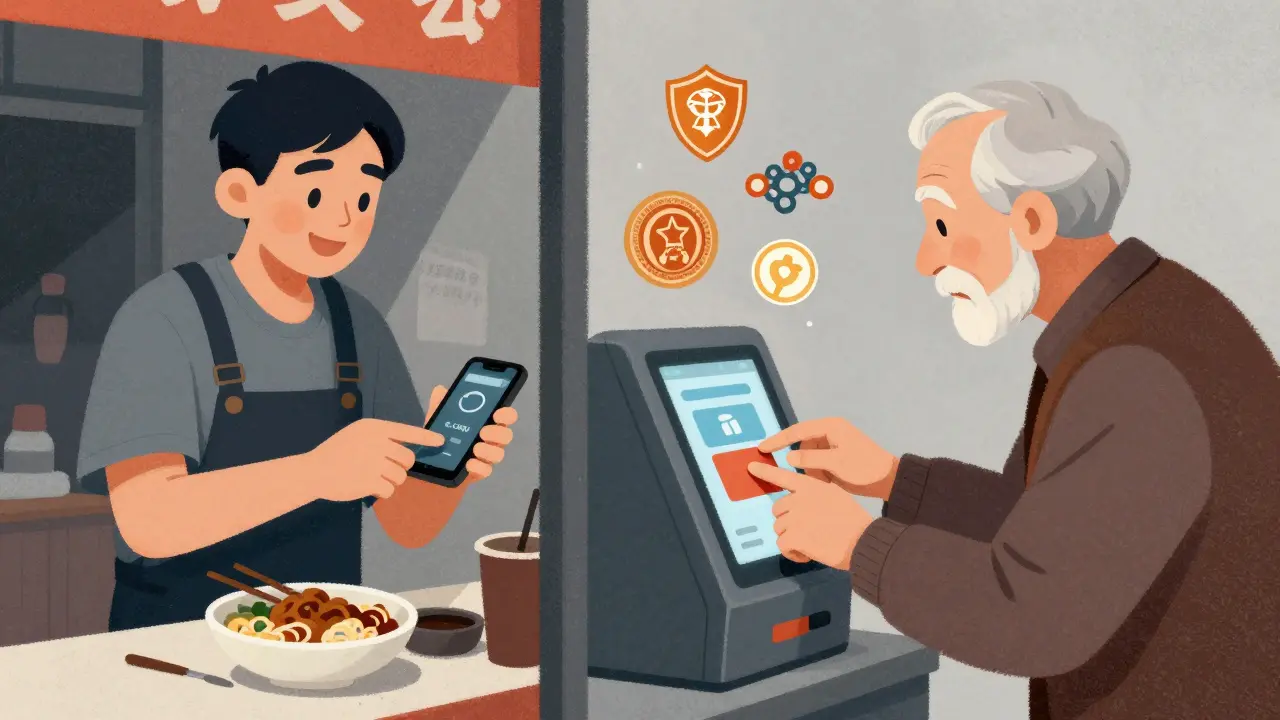 Un cittadino cinese che usa la valuta digitale mentre un europeo fatica con il nuovo sistema.