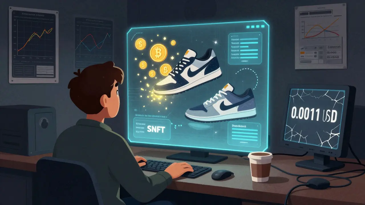 Un collezionista osserva tre scarpe digitali fluttuanti in un ambiente buio, con token SHOE che escono da una di esse.