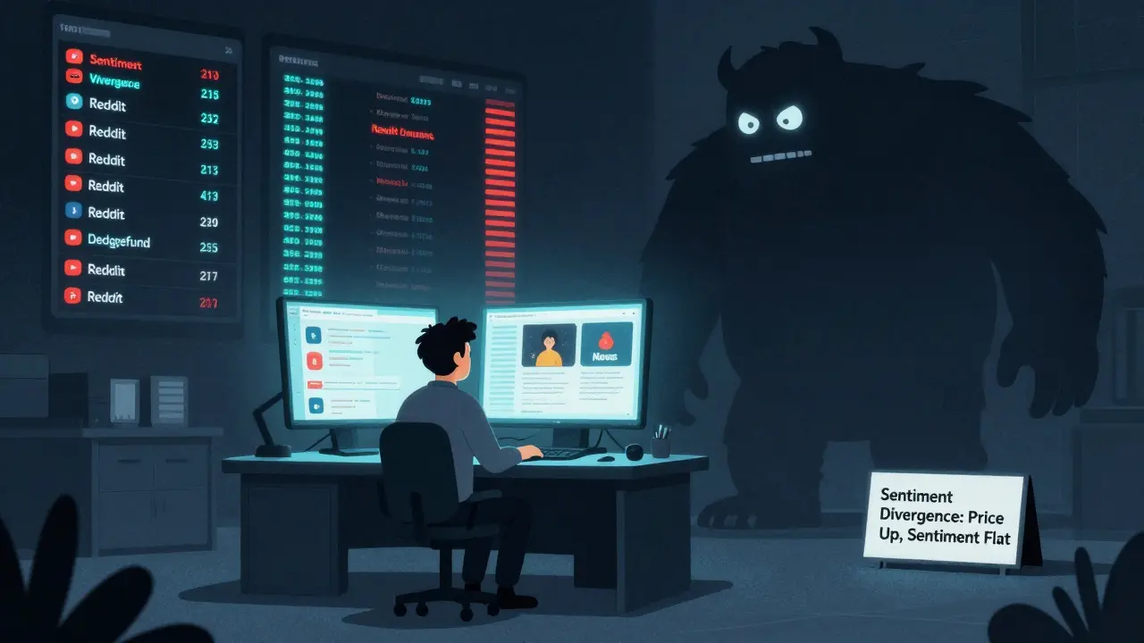 Un investitore al tavolo circondato da flussi di dati sociali, mentre un gigante hedge fund non li nota, mostrando la divergenza tra prezzo e sentimento.