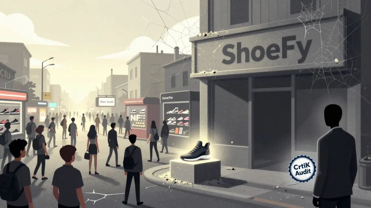 Un negozio di scarpe digitali abbandonato accanto a un mercato vivace, con una sola scarpa che perde il suo bagliore.