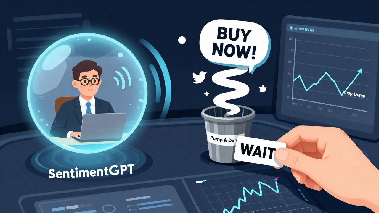 Un pannello AI analizza toni vocali e tweet bot, mentre un'etichetta 'WAIT' viene appiccicata su un grafico, simbolo della pazienza nel trading.