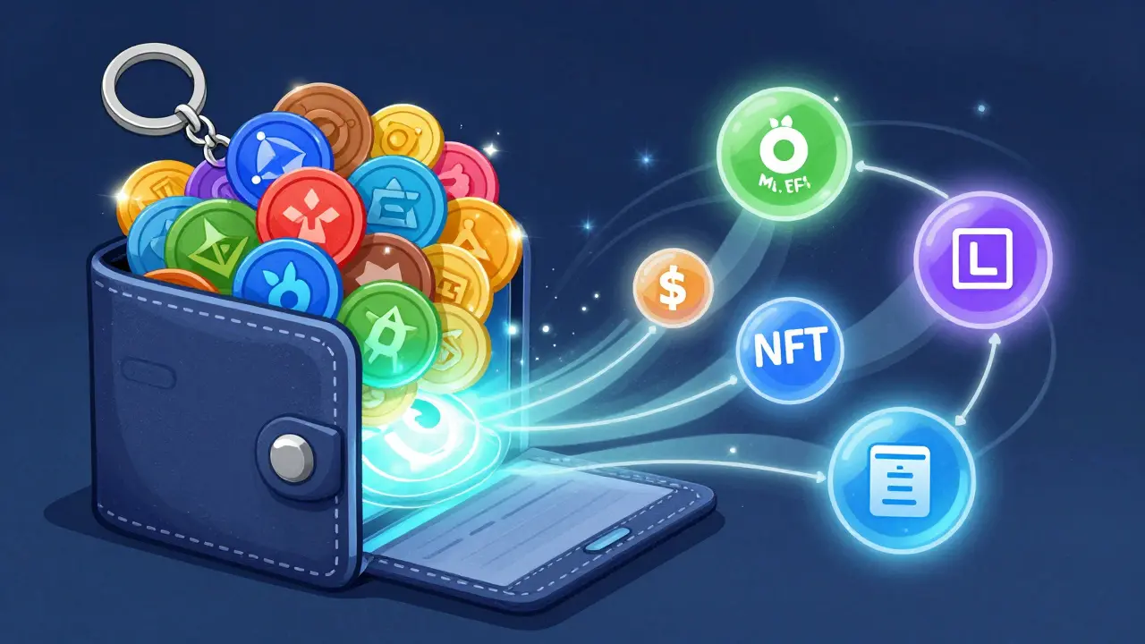 Un portafoglio magico che collega token di diverse blockchain a porte interattive.