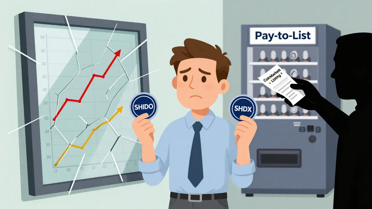 Un trader confuso che tiene due token diversi con lo stesso nome, davanti a uno specchio che riflette due grafici opposti, con una figura ombrosa che consegna un ricevuto.